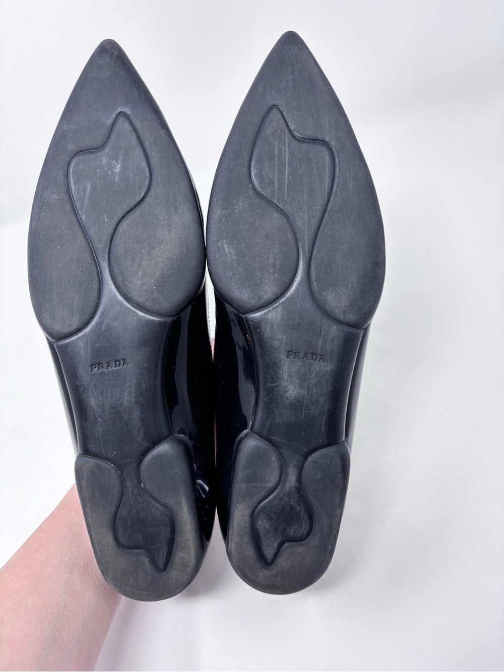 Prada Ballet Flat Bow Black Patent Leather Triangle Logo Pointed Toe size 38 - Picture 7 of 9